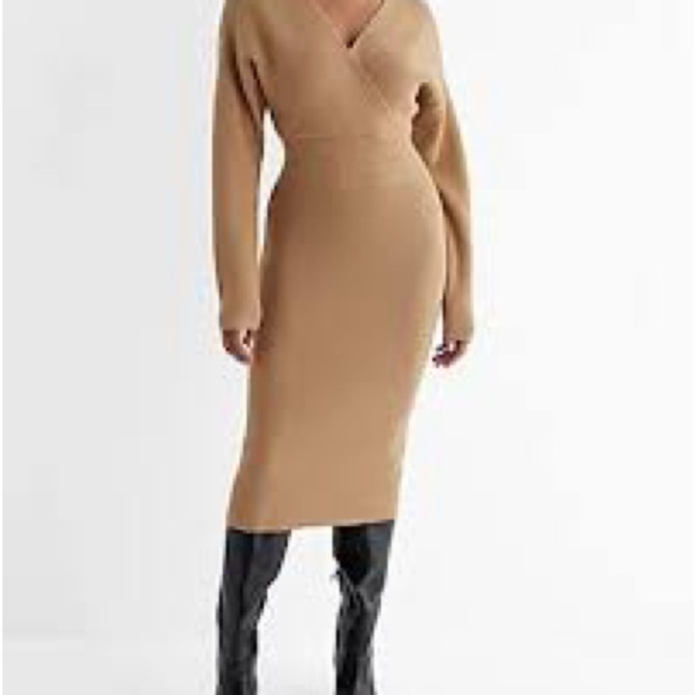 Ribbed V-Neck Surplice Midi Sweater Dress